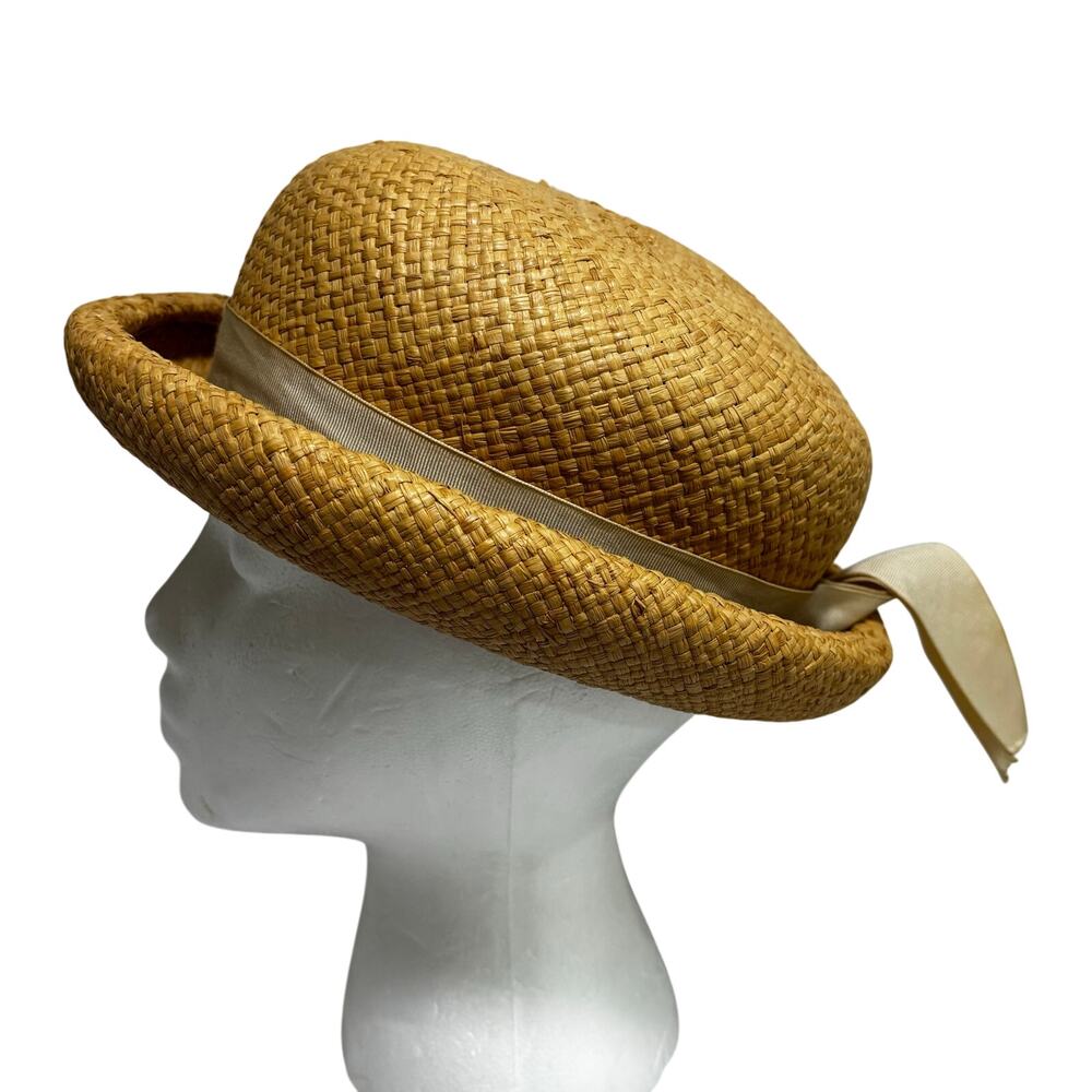 Vintage 1920's rolled brim ladies straw hat grosgrain ribbon hatband w/ FLAWS - Picture 5 of 9